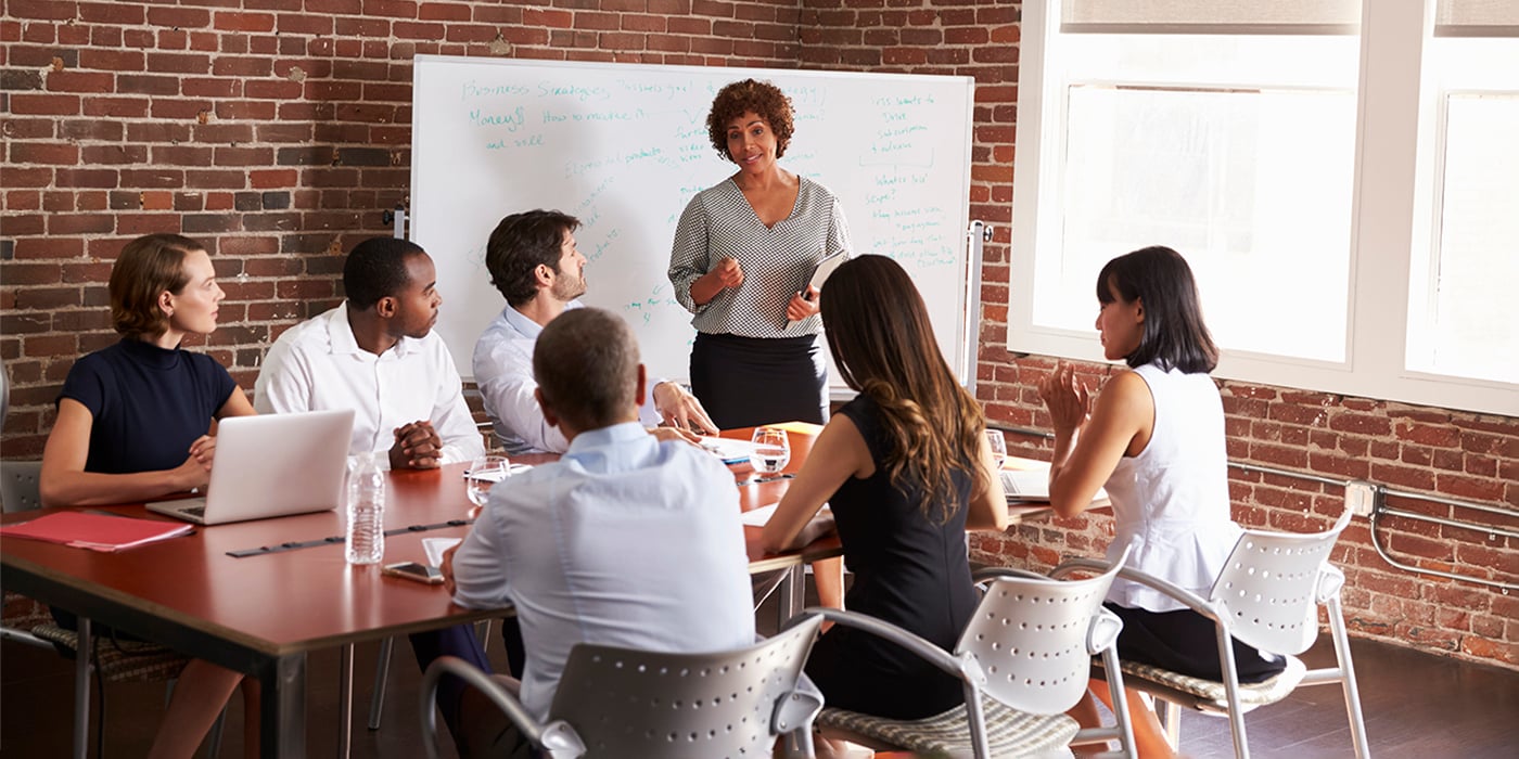 A diverse group of professionals seated at a table in a meeting room, with a woman presenting at a whiteboard.
